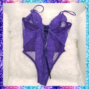 Lace bodysuit lingerie sexy purple sheer thong sma